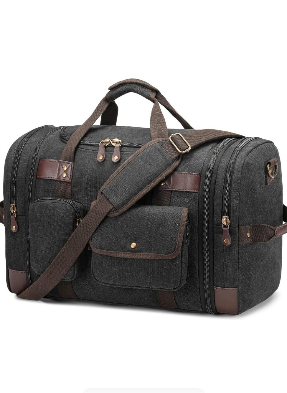 Men's Black Canvas Duffel Bag with Brown Accents